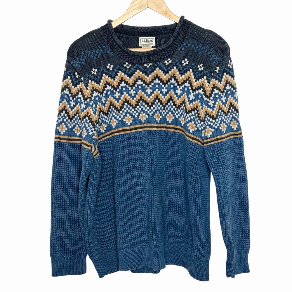 LL Bean Roll Neck Fair Isle Fisherman Sweater Mens Size XL Nordic Blue Chunky